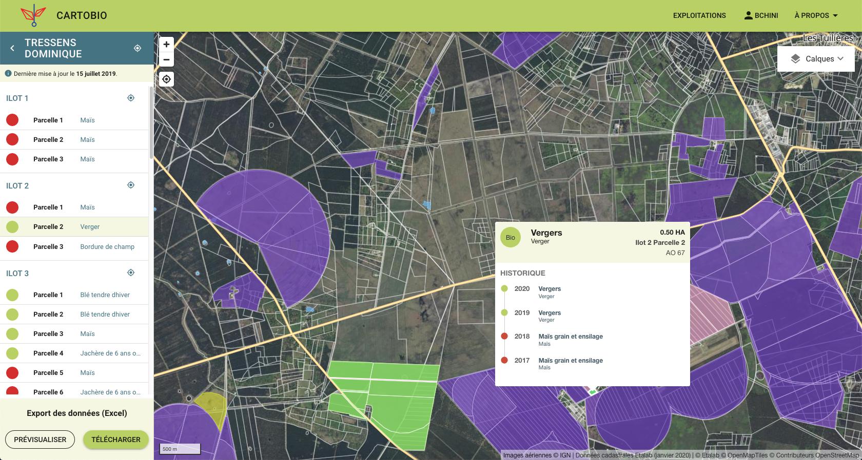 Interface de l'application CartoBio